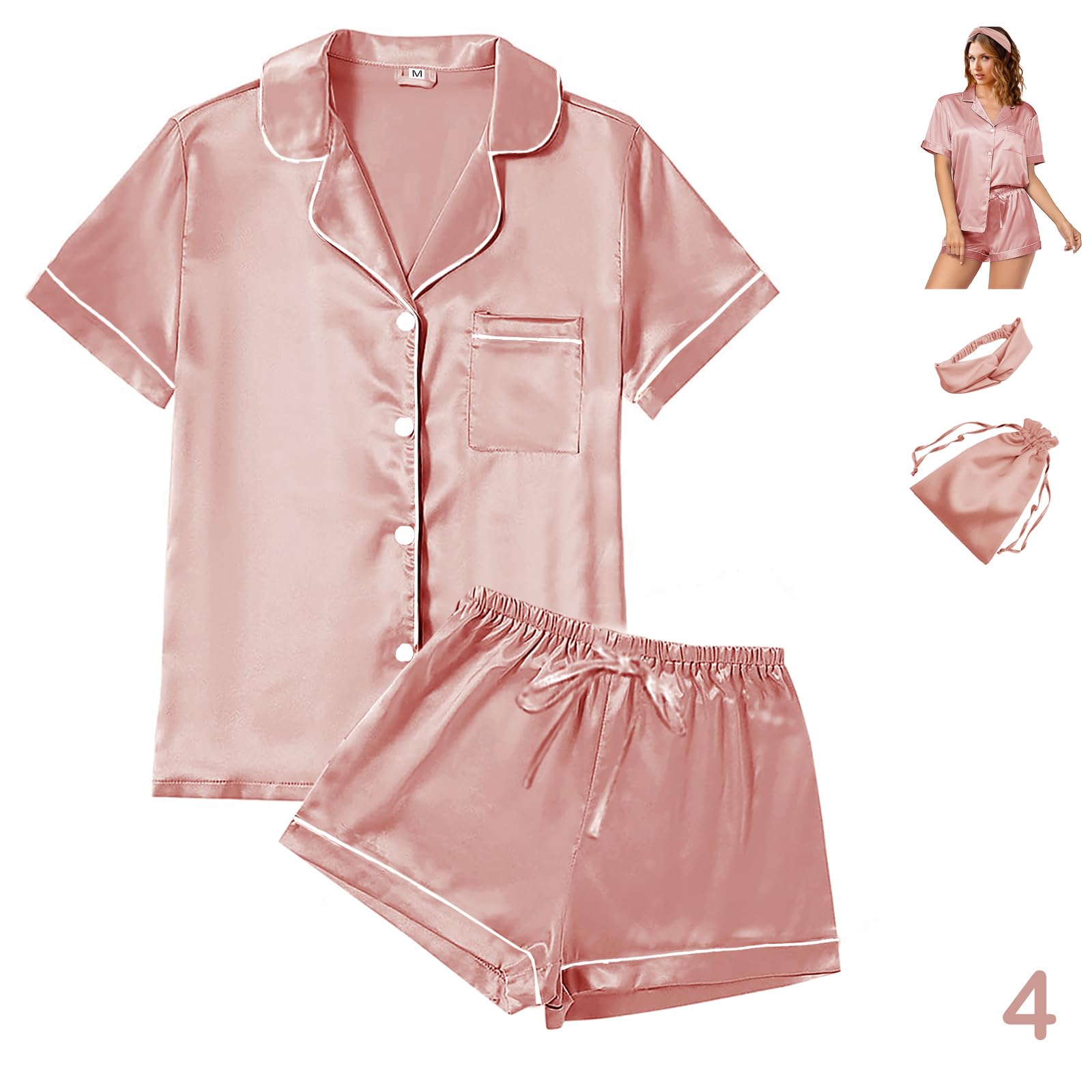 WJing Yi Jia 4Pcs Womens Satin Silky Pajama Sets Short Sleeve Shirt XS-4XL Floral Pajamas Set Soft PJ Loungewear Sleepwear