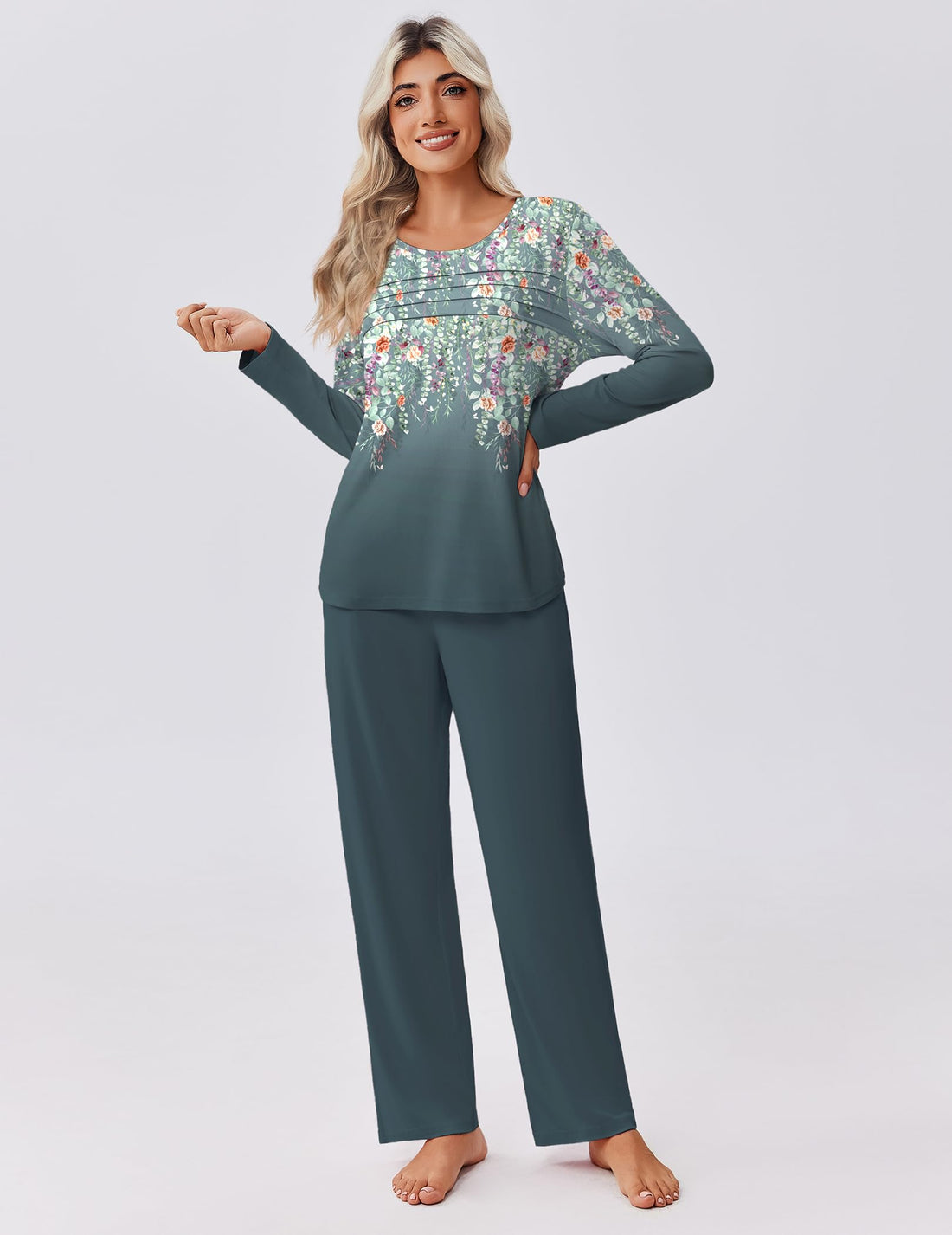 Ekouaer Womens Pajama Sets Pleated Tops with Long Pants Lounge Set Long Sleeve Fall Sleepwear Ladies Pjs S-XXL