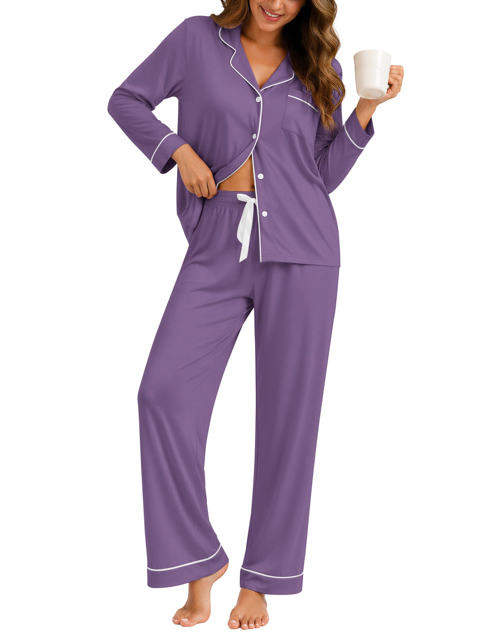 ZMJ Womens Pajamas Sets 2 Piece Long Sleeve and Pant Pj Sets Button Up Sleepwear