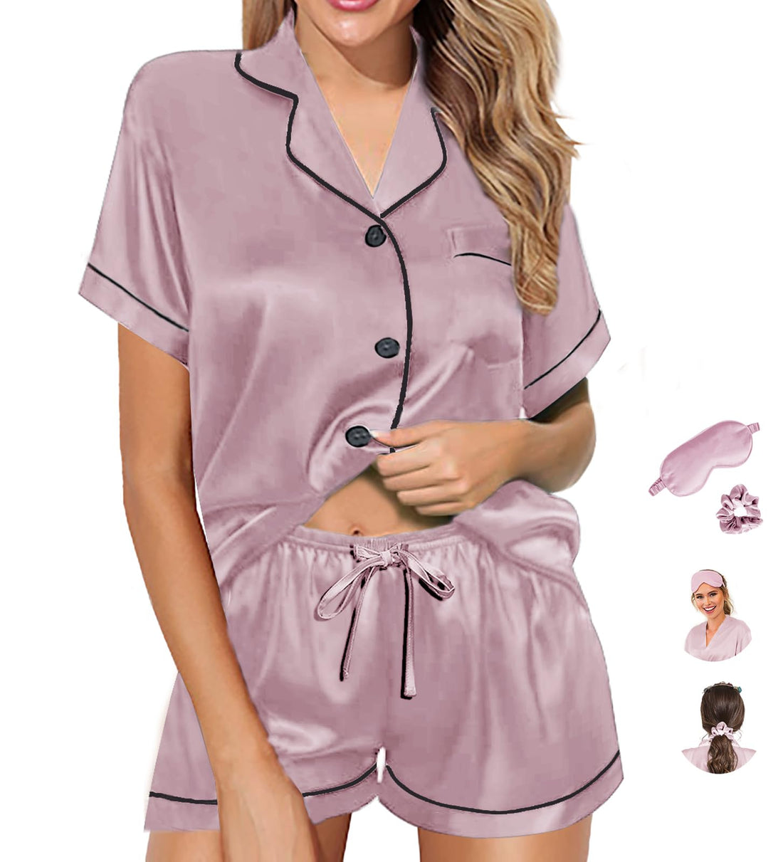 WJing Yi Jia Womens Pajama Sets XS-4XL Silk Satin Pajamas Set Floral 2Pcs Pj Sets Button Down Pjs Set Sleepwear Loungewear