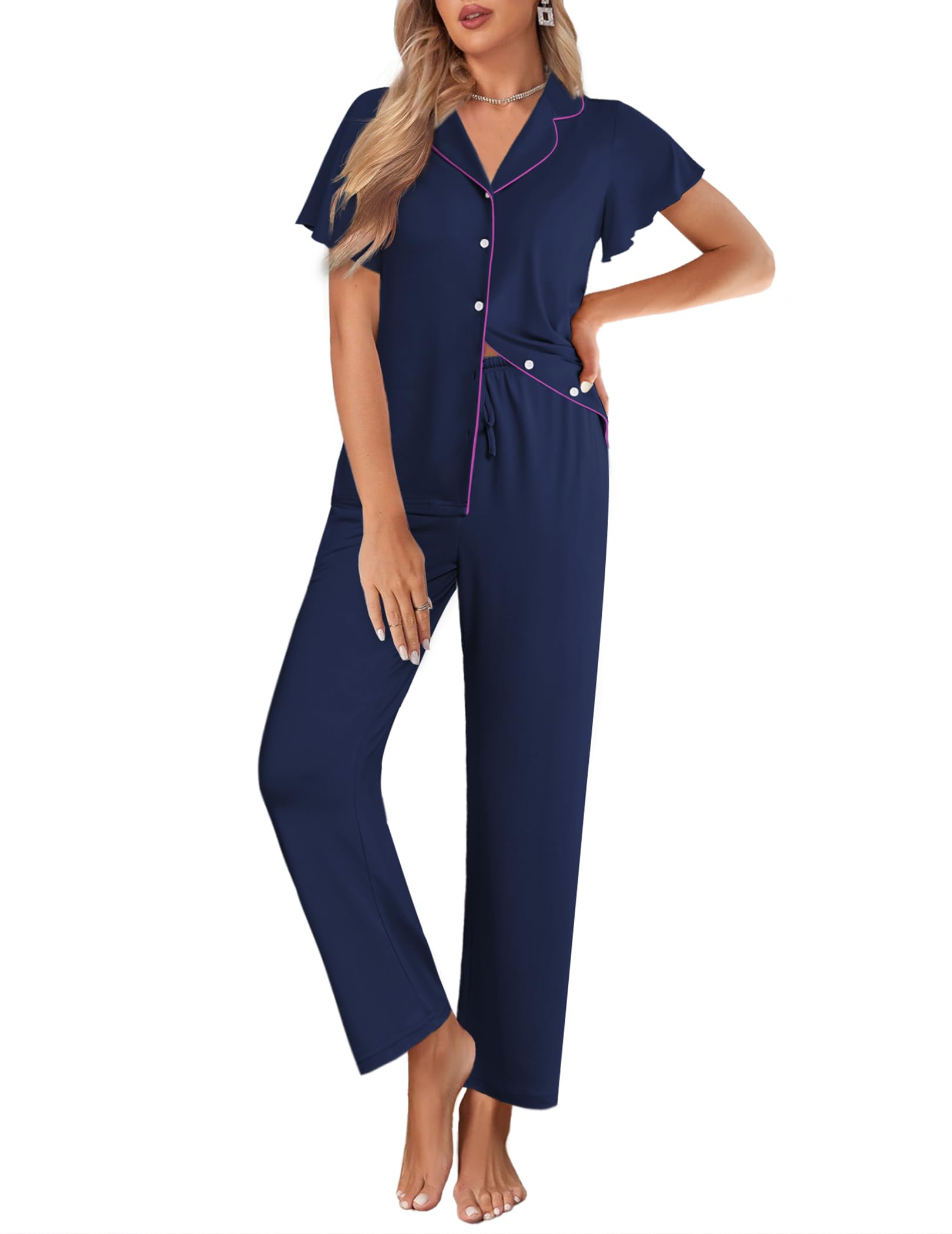 Ekouaer Pajamas for Women Set Button Up Sleepwear Cute Pjs Ruffle Sleeve Notch Collar Loungewear with Long Pants S-XXL