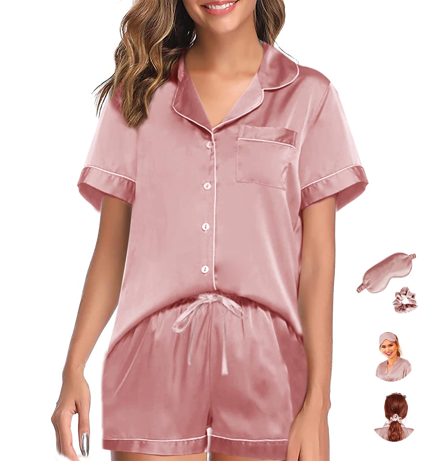 WJing Yi Jia Womens Pajama Sets XS-4XL Silk Satin Pajamas Set Floral 2Pcs Pj Sets Button Down Pjs Set Sleepwear Loungewear