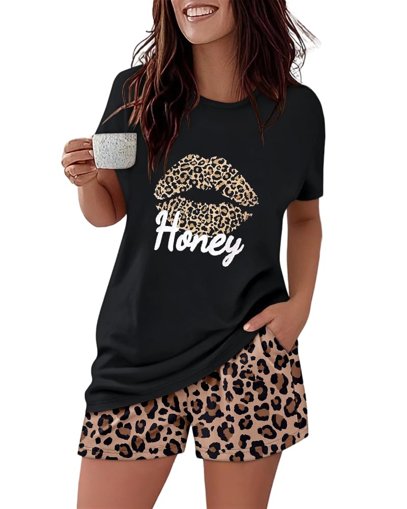 CHICME Pajamas Set for Women 2 Piece Pjs Lounge Set Soft Short Sleeve Tops and Sleep Shorts with Pocket