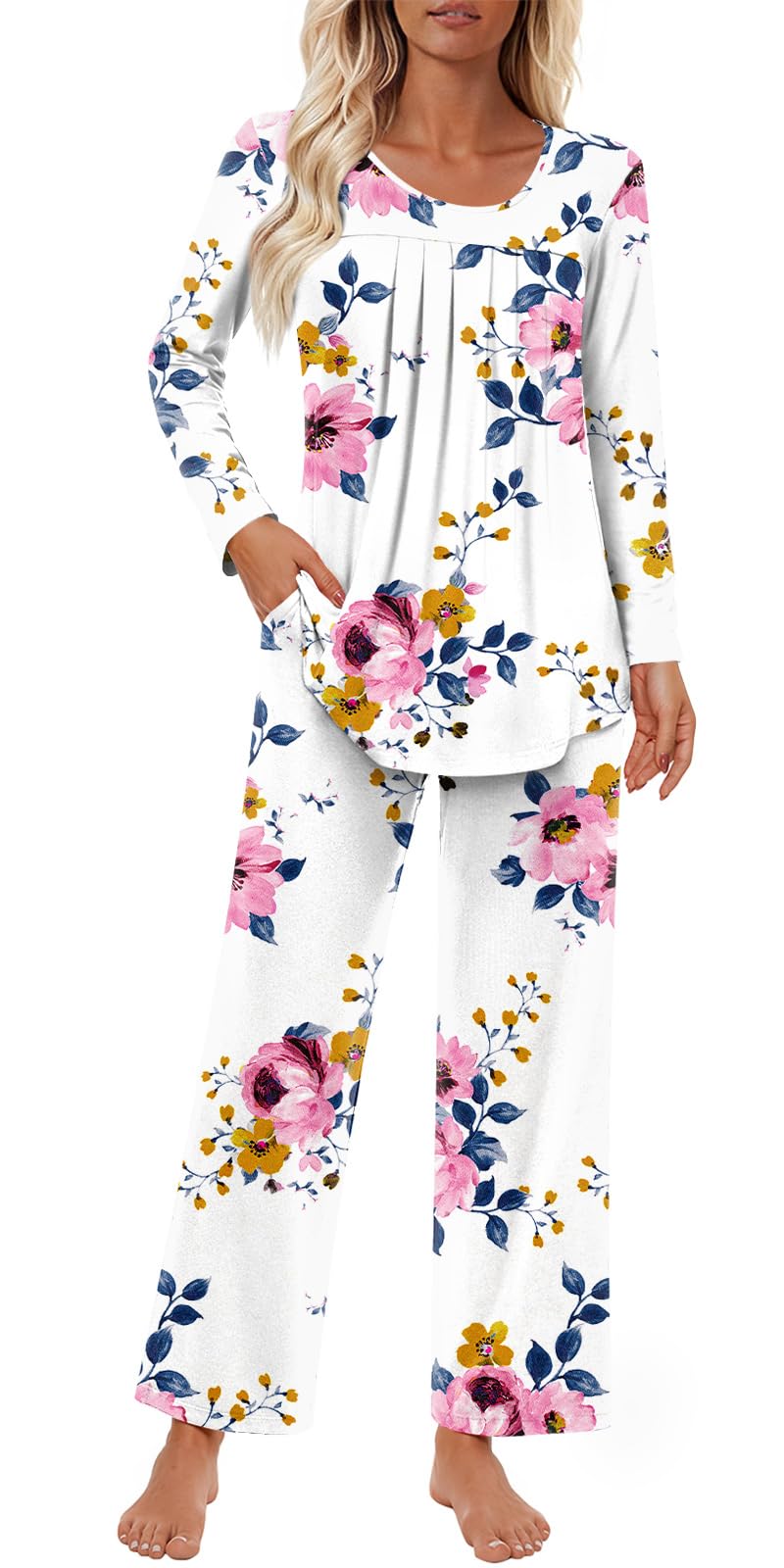 Findsweet Women's Pajama Set 2 Piece Lounge Outfits Soft Sleepwear Fall Long Sleeve Long Pant With Pockets Ladies Pjs S-3XL