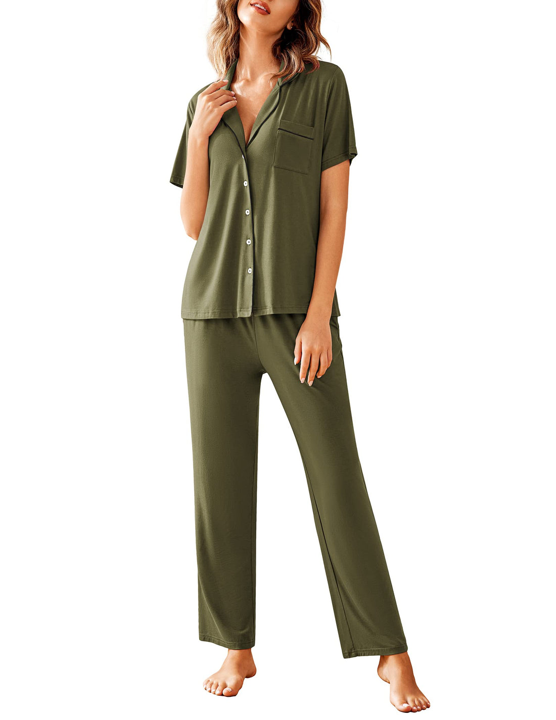 Avidlove Women Pajamas Set Notch Collar Soft Sleepwear Pjs Short Sleeve Button Down Nightwear with Long Pants WEBE CLOTHING
