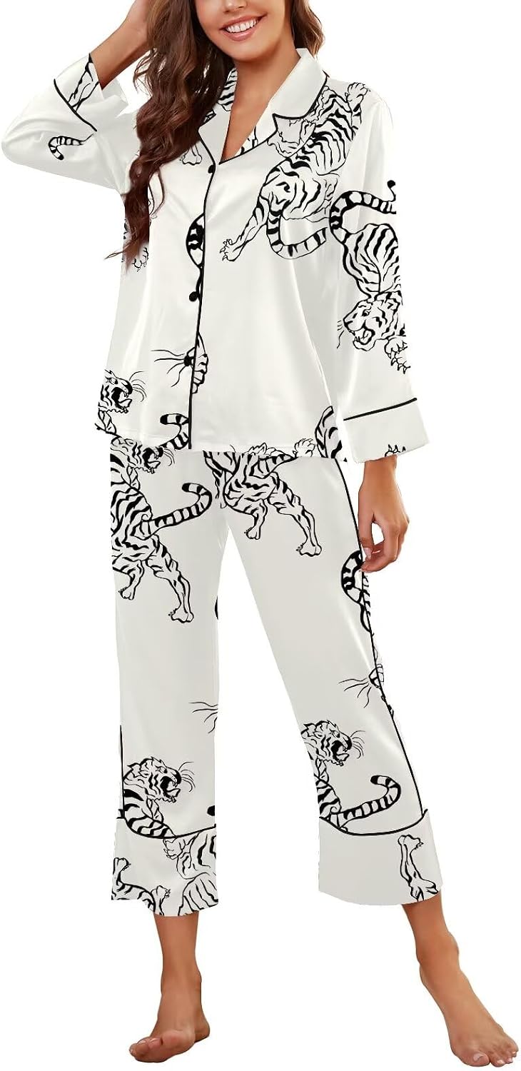 Brosloth Women's Silk Satin Pajamas Long Sleeve Button Up Loungewear Set | Button Down Animal Print Pajamas, Ladies Fancy Pajama sets, Two Piece Lounge Set, Notch Collar Lightweight Sleepwear, Gift WEBE CLOTHING