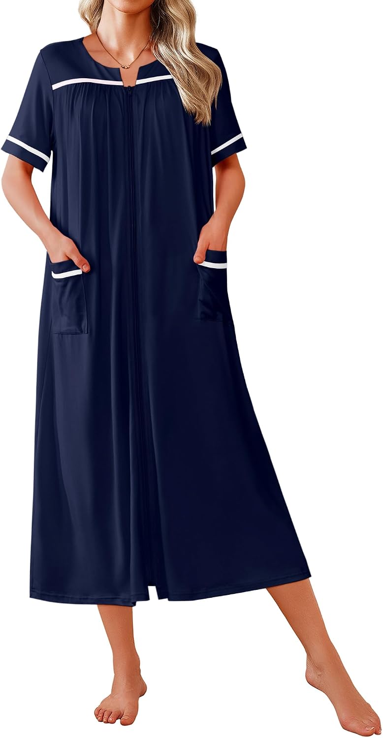 Ekouaer Zipper Robes for Women Short Sleeve Bathrobe Soft Lightweight Housecoat Full Length Nightgown with Pockets S-3XL WEBE CLOTHING
