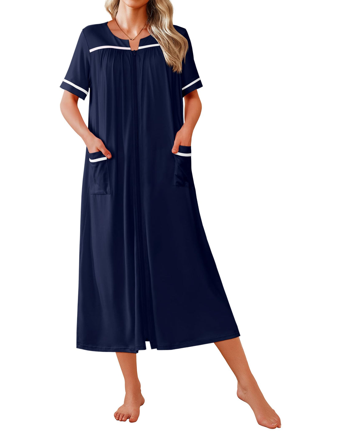 Ekouaer Zipper Robes for Women Short Sleeve Bathrobe Soft Lightweight Housecoat Full Length Nightgown with Pockets S-3XL WEBE CLOTHING