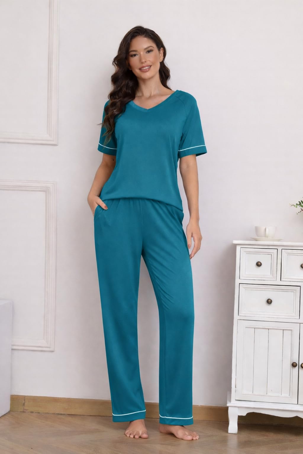 Ekouaer Womens Pajama Set Short Sleeve Pajamas Top and Pants V Neck Pjs Set Soft Loungewear with Pockets