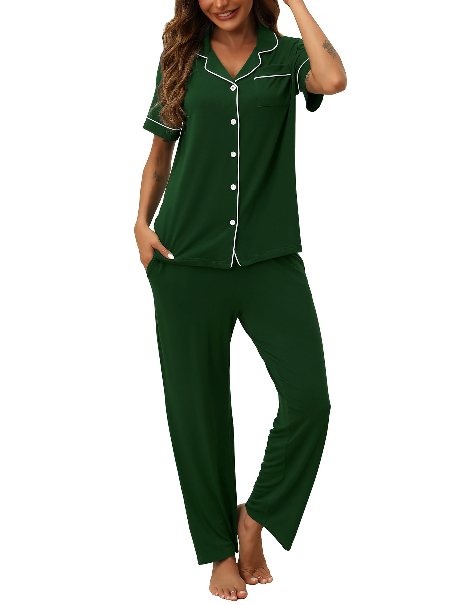 HNG Women Pajamas Set 2 Piece Button Up Pajamas Pant and Short Sleeve Shirt for Woman Pj Sets with Pocket