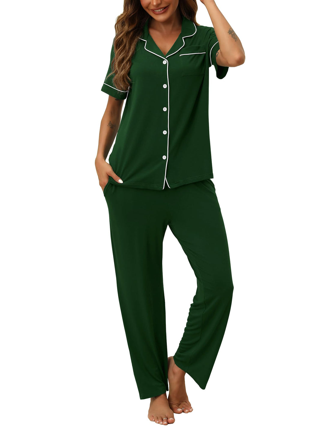HNG Women Pajamas Set 2 Piece Button Up Pajamas Pant and Short Sleeve Shirt for Woman Pj Sets with Pocket