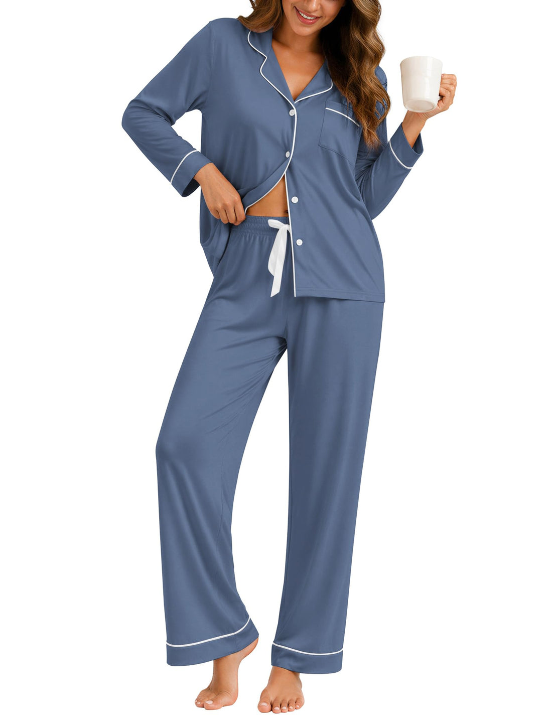ZMJ Womens Pajamas Sets 2 Piece Long Sleeve and Pant Pj Sets Button Up Sleepwear