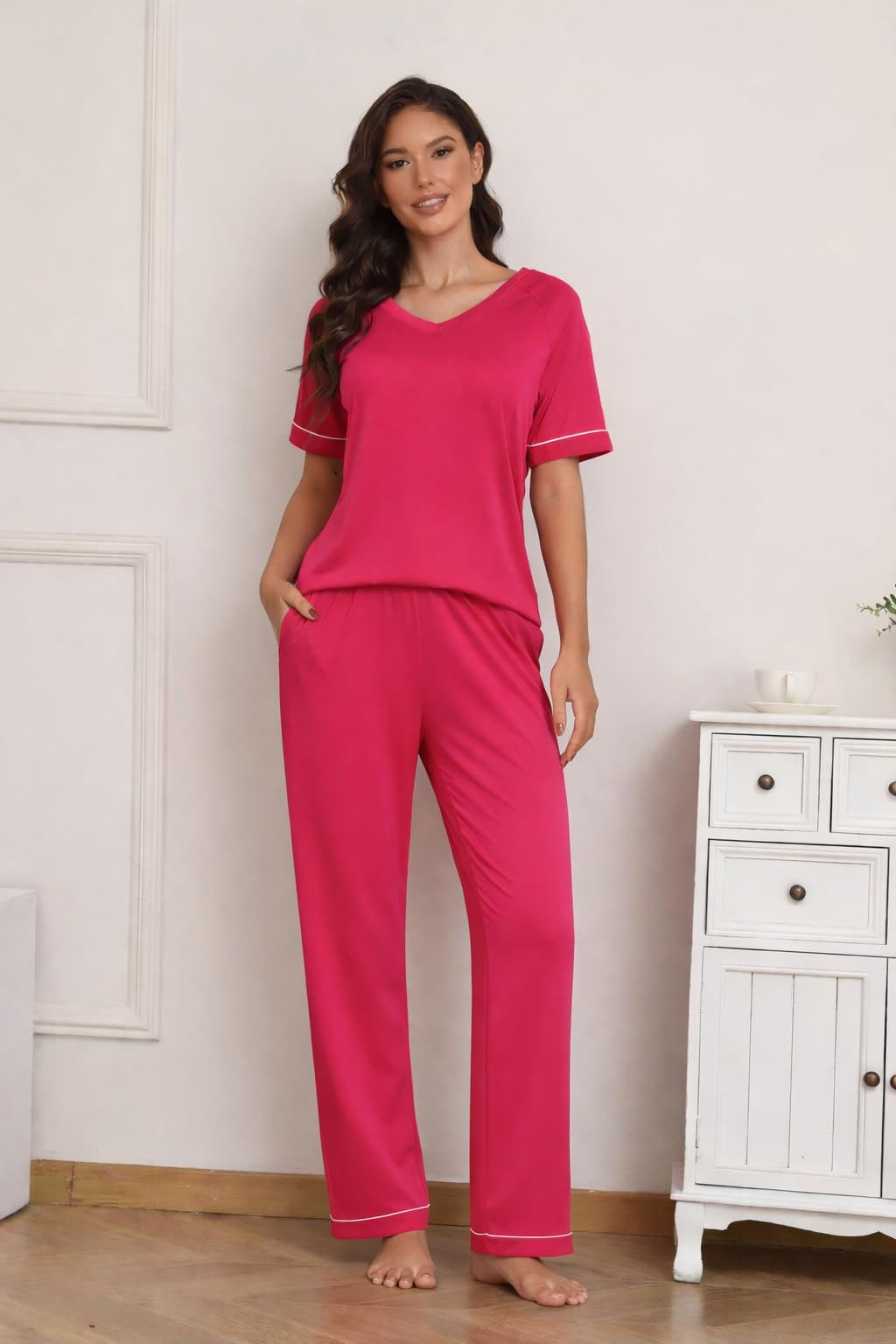 Ekouaer Womens Pajama Set Short Sleeve Pajamas Top and Pants V Neck Pjs Set Soft Loungewear with Pockets