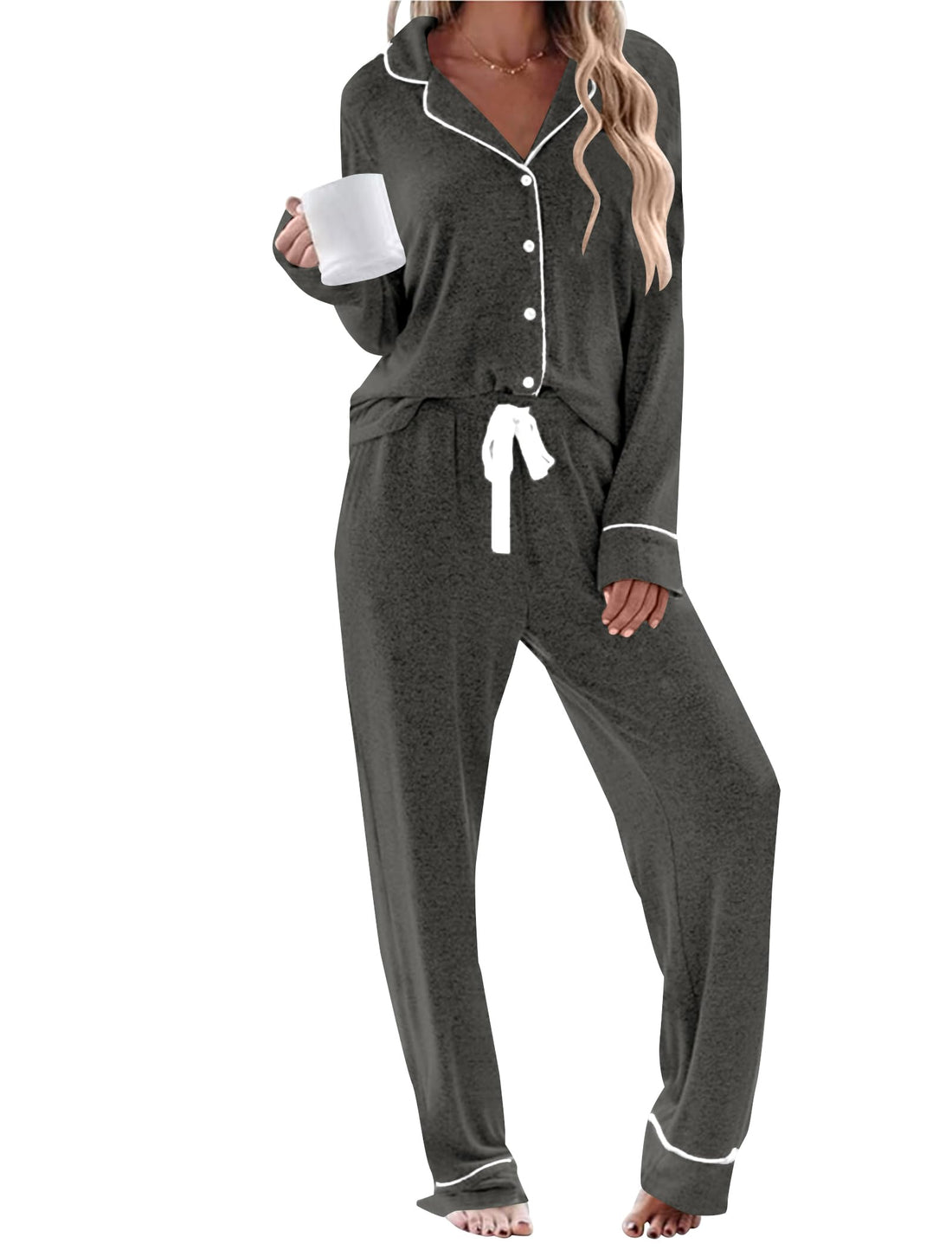 Womens Long Sleeve Pajamas Set Soft Sleepwear Button Down Shirt and Long Pants Pj Lounge Sets S-XXL with Pockets
