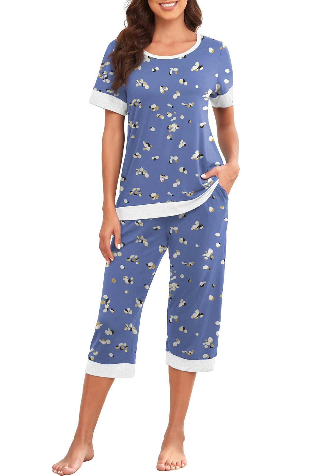 PrinStory Women's Pajama Set Short Sleeve Shirt and Capri Pants Sleepwear Pjs Sets Lounge Set WEBE CLOTHING