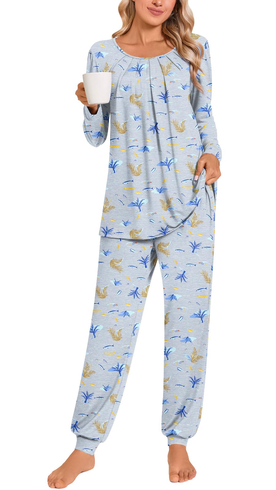 Anymeet Womens Pajama Sets Fall Winter Long Sleeve 2 Piece Sleepwear Soft Lounge Outfits with Pockets