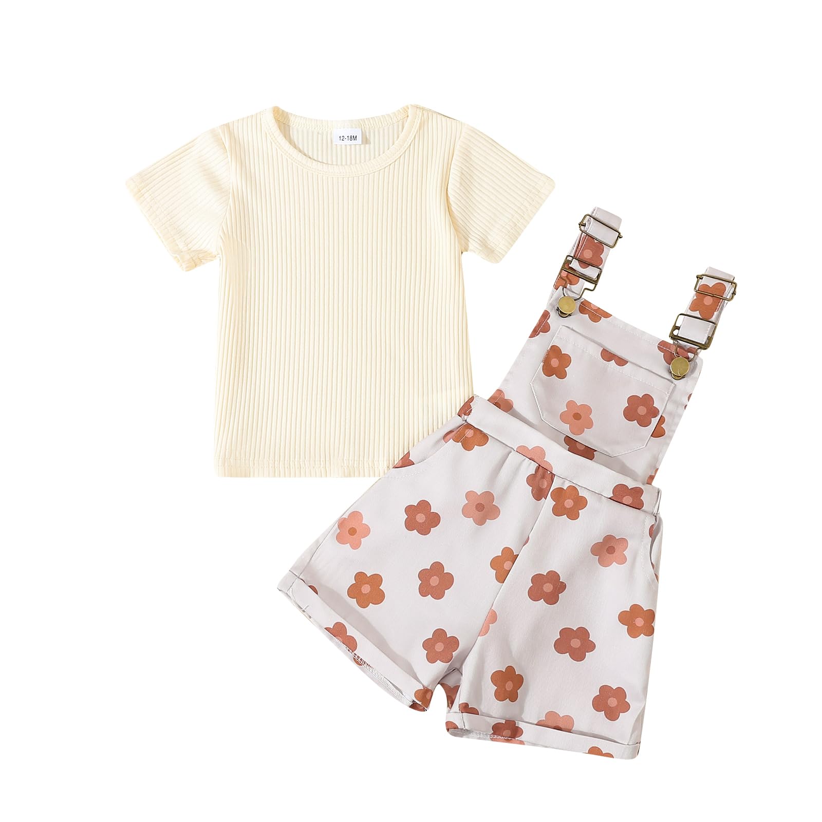 Toddler Baby Girls Summer Outfits T-Shirt Overalls Shorts Set | Short Sleeve Ribbed Shirt, Flower/Apple/Strawberry/Camo/Star/Bee Suspender Overalls, Kid 2Pcs Clothing, Spring Clothes 12M-5Y WEBE CLOTHING