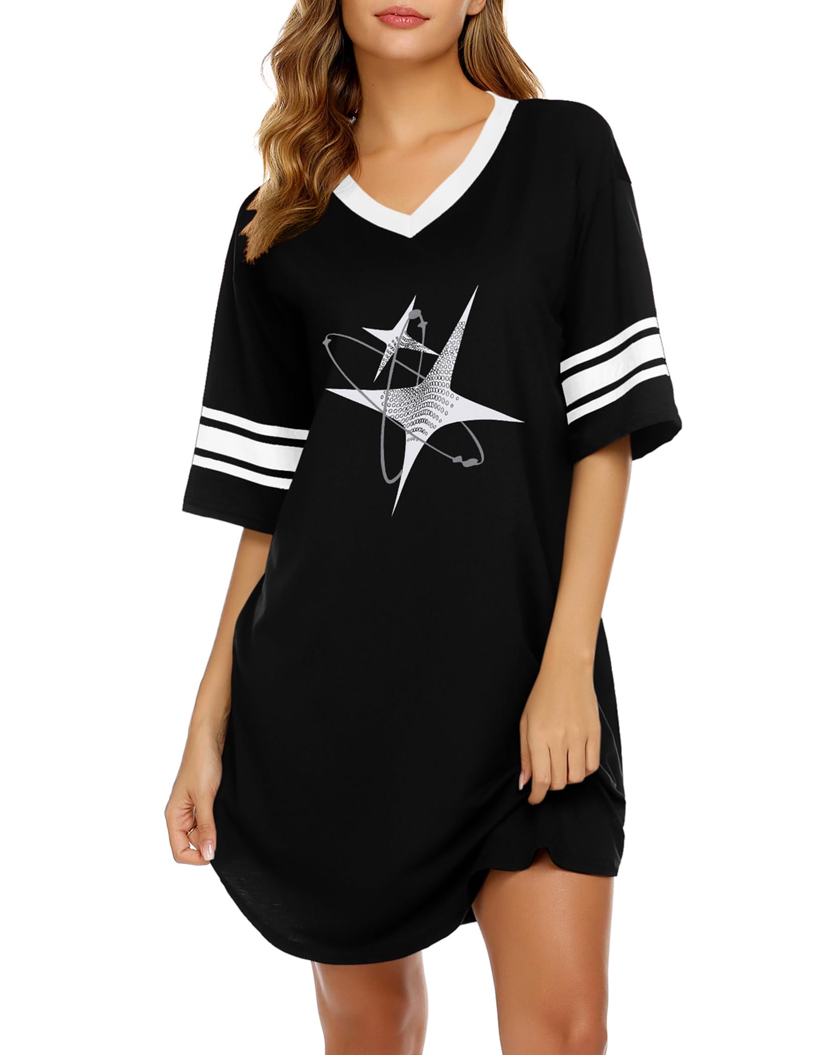 Ekouaer Nightgowns for Women Cotton Night Gown Short Sleeve Sleepwear V Neck Color Block Sleep Shirts Ladies Night Shirts