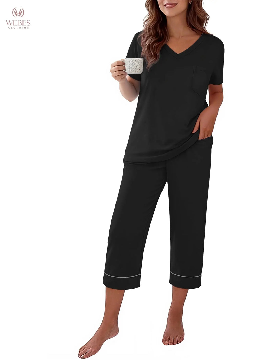 Ekouaer Cotton Pajamas for Women Set Short Sleeve Top and Capri Pants | 2 Pieces Lounge Set with Pockets V Neck Comfy Soft Sleepwear for Mom, Wife, Grandmother WEBE CLOTHING