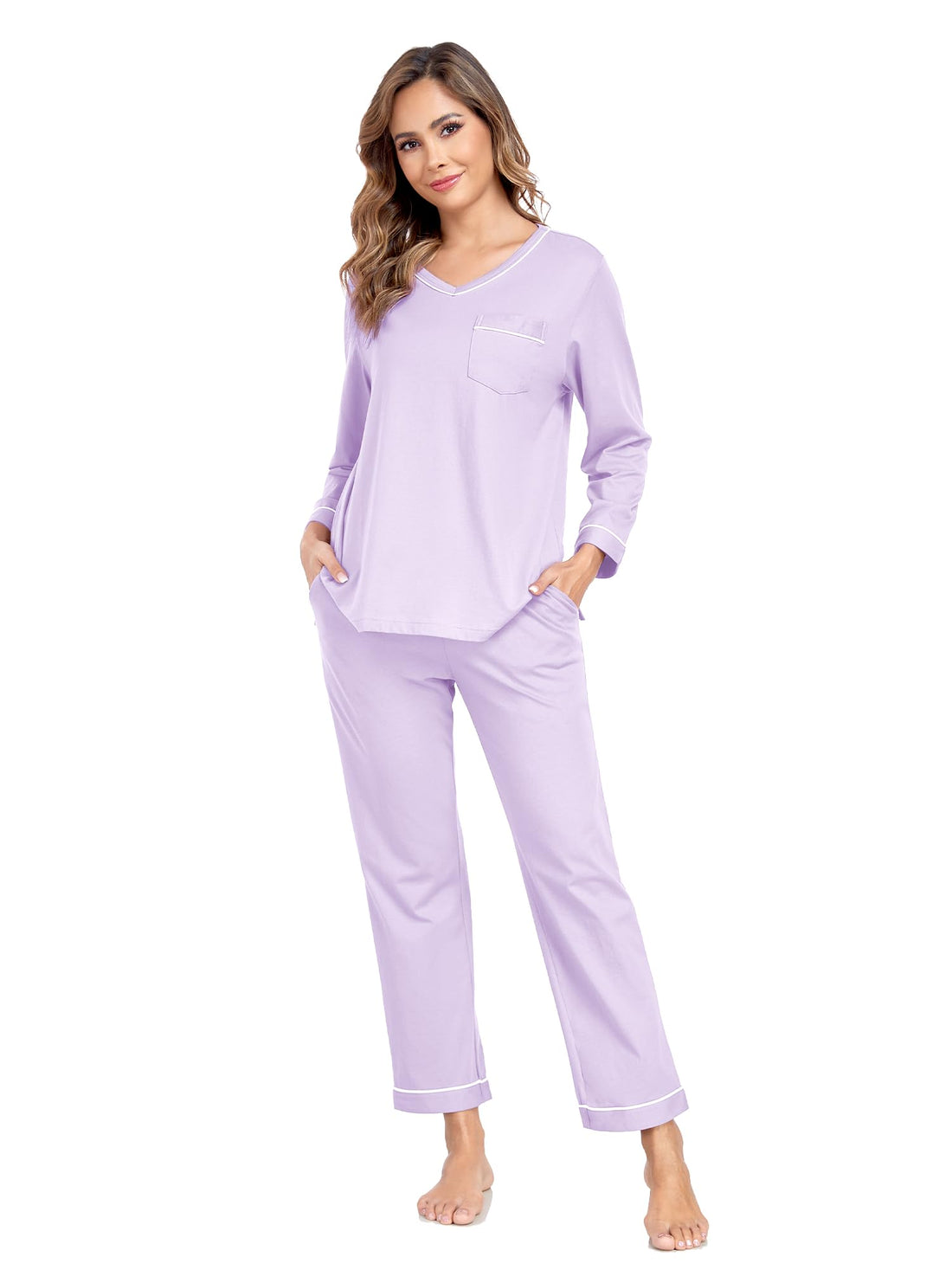 EA'S SECRET 100% cotton Pajamas for Women Summer Lightweight Long Sleeve Pjs 2 Piece Soft Lounge Sleepwear with pocket