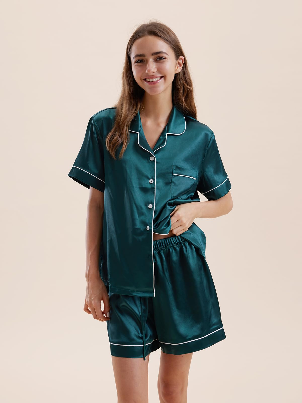 Satin Pajamas for Women Set,Silky Short Sleeve Ladies Pajama,Woman's 2 Piece Sleepwear,Bridal Wedding Pjs