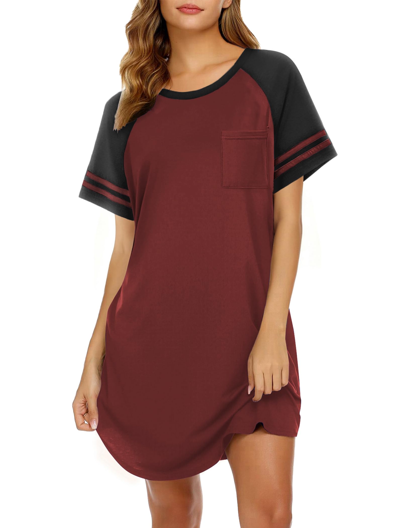 Ekouaer Nightgowns for Women Short Sleeve Sleepshirts Crew Neck Nightshirts Color Block Pajamas Dress Soft Sleepwear WEBE CLOTHING