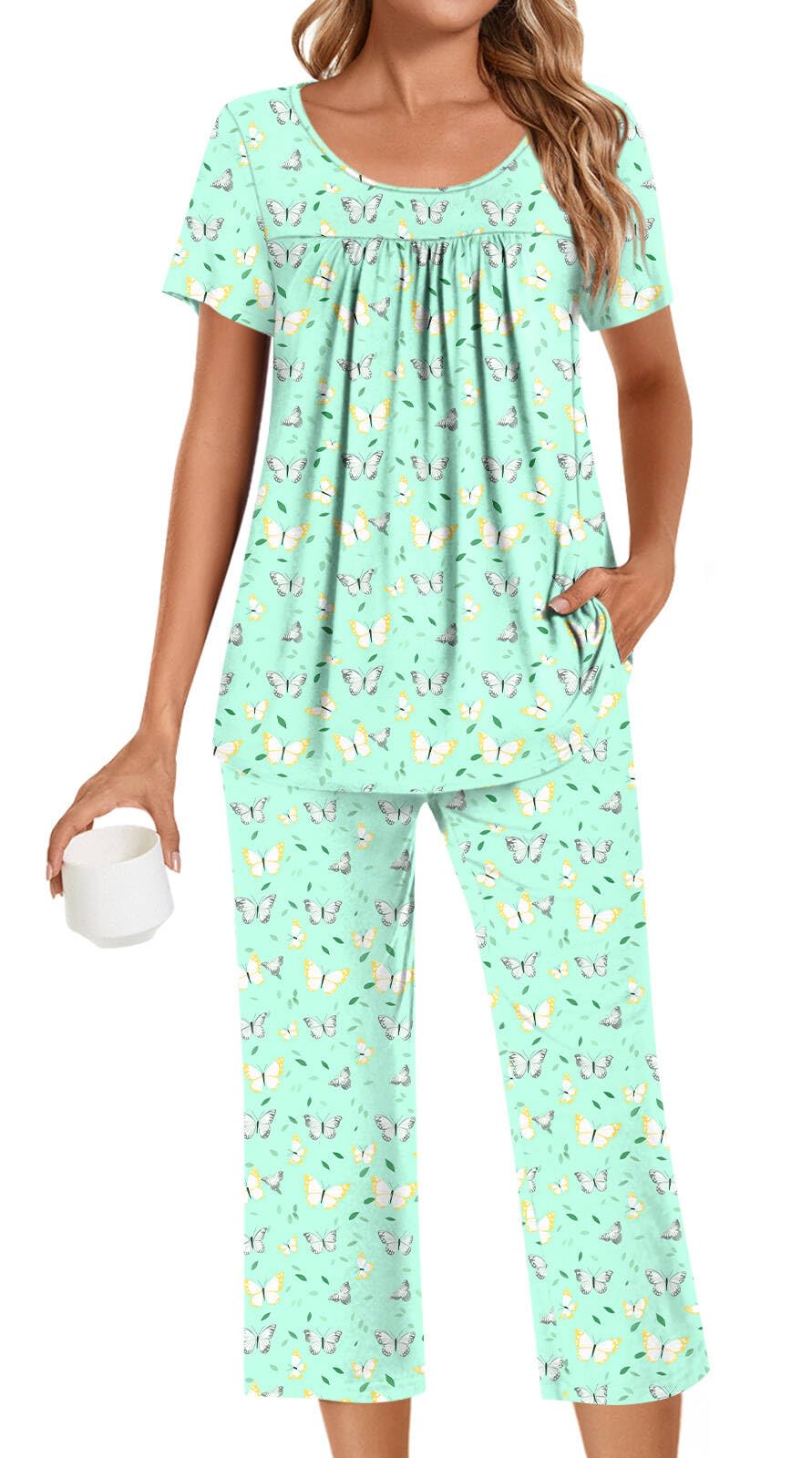 POPYOUNG Womens Pajama Sets Summer Ladies Pjs 2 Piece Loungewear Capri with Pockets Sleepwear