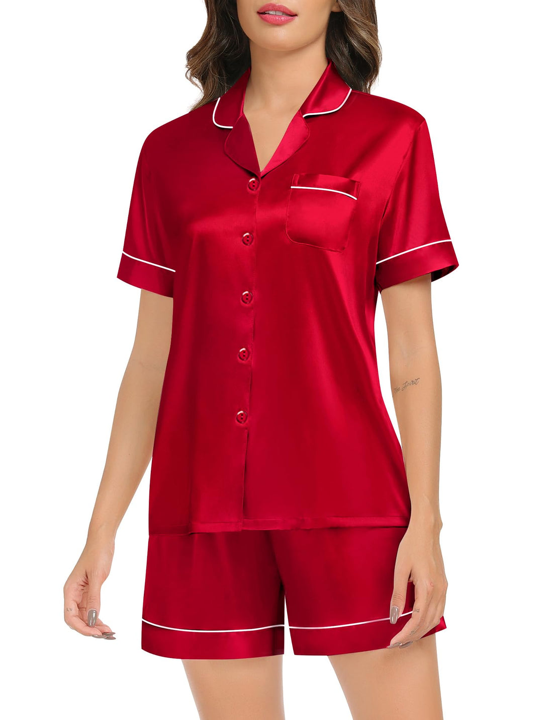 SWOMOG Couples Matching Pajamas Set Satin Short Sleeve Button Down Tops Silk Shorts Pj Lounge Set Soft Sleepwear