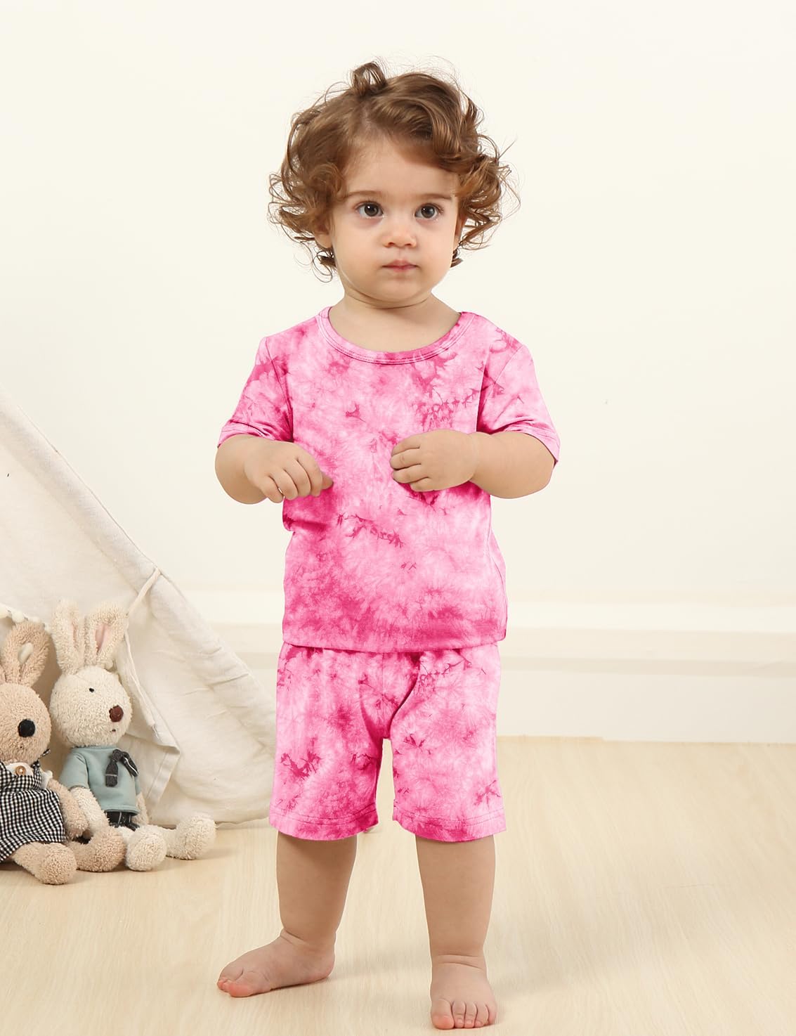 Jimonda Kids Soft Rayon From Bamboo Sleepwear Short Sleeve Boys Girls Pajama Outdoor 4-Piece tops&shorts Casual sets Tie PJ