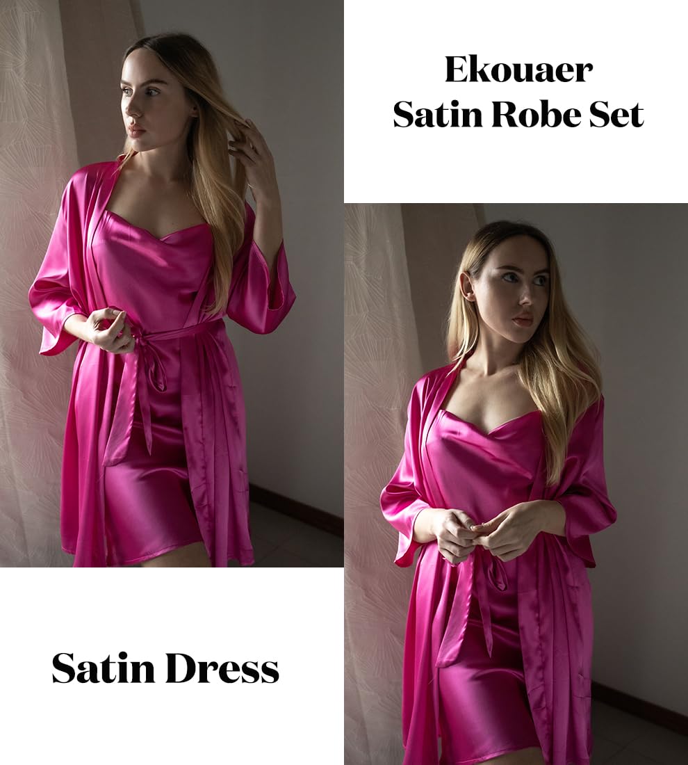 Ekouaer Women's Satin Robe Set Nightgown with Robes Silk Pajama Set 2 Pieces Lingerie Cowl Neck Cami Sleepwear Sets WEBE CLOTHING