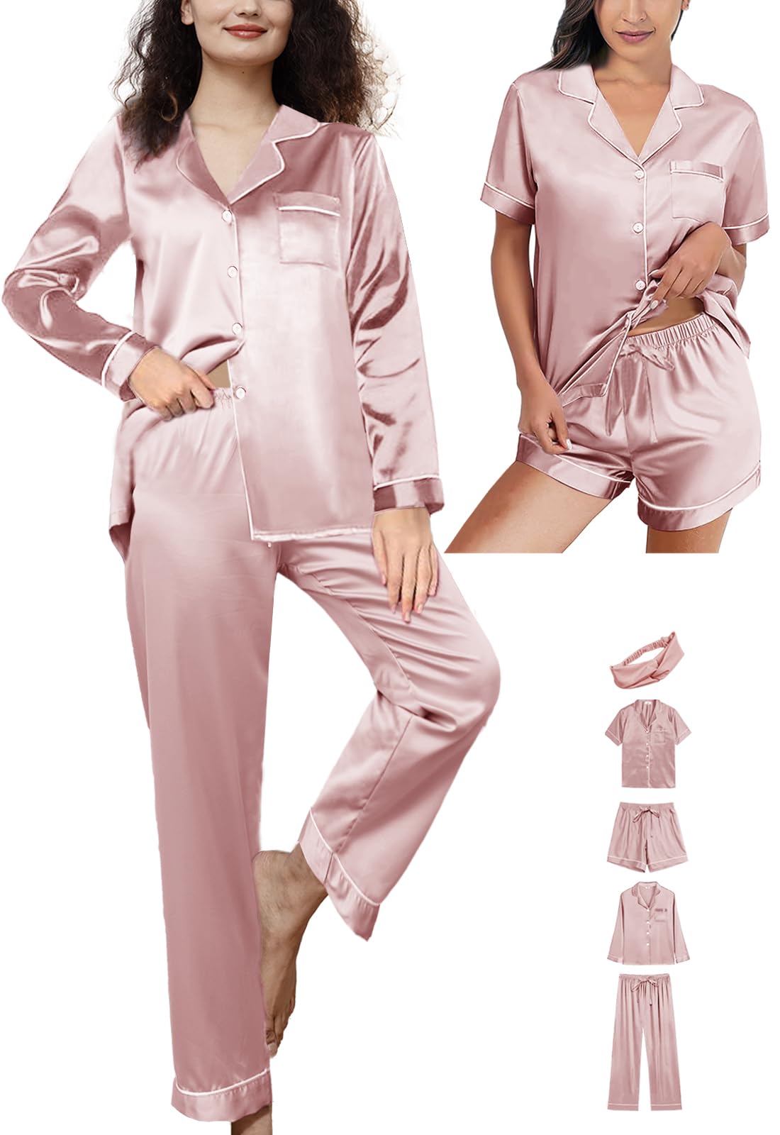 5Pcs Womens Satin Pajamas Set Silk Pajama Pjs XS-2XL Silky Pj Sets Button Down Sleepwear Nightwear Loungewear