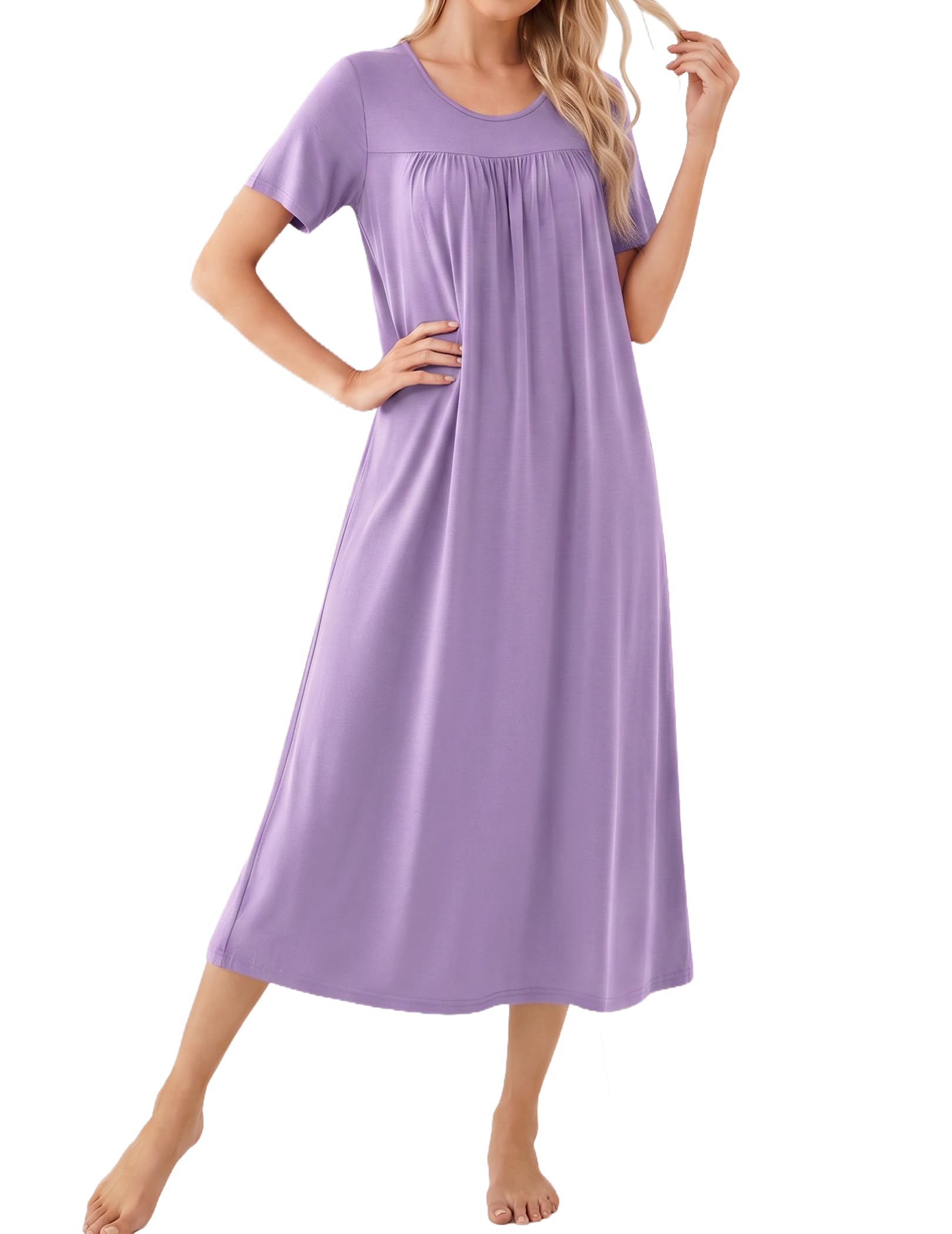 Ekouaer Long Nightgowns for Women Bamboo Viscose Short Sleeve Soft House Dress WEBE CLOTHING