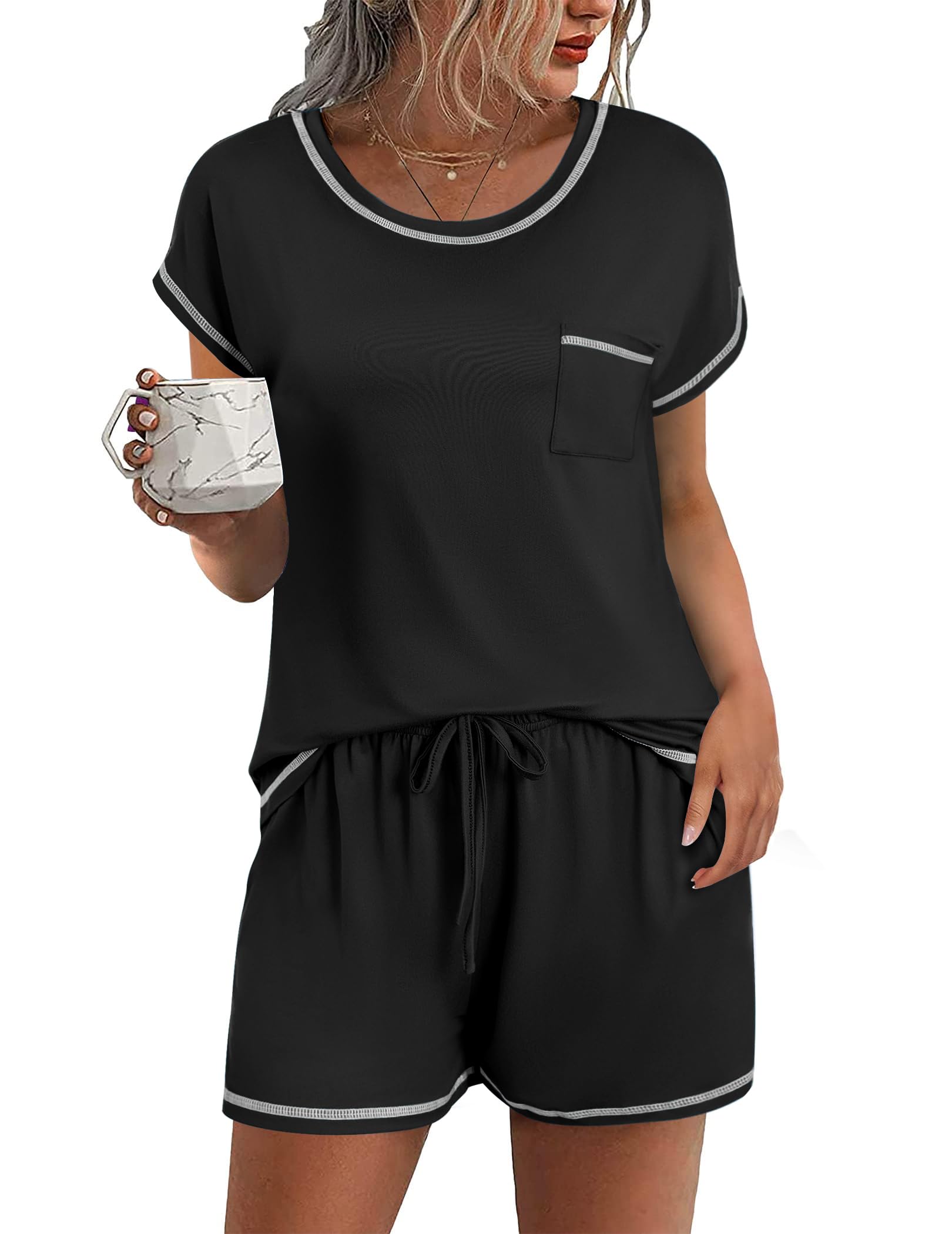 Ekouaer Womens Pajama Sets 2 Piece Soft Short Sleeve Top and Shorts Sleepwear Round Neck Pjs Lounge Set with Pockets
