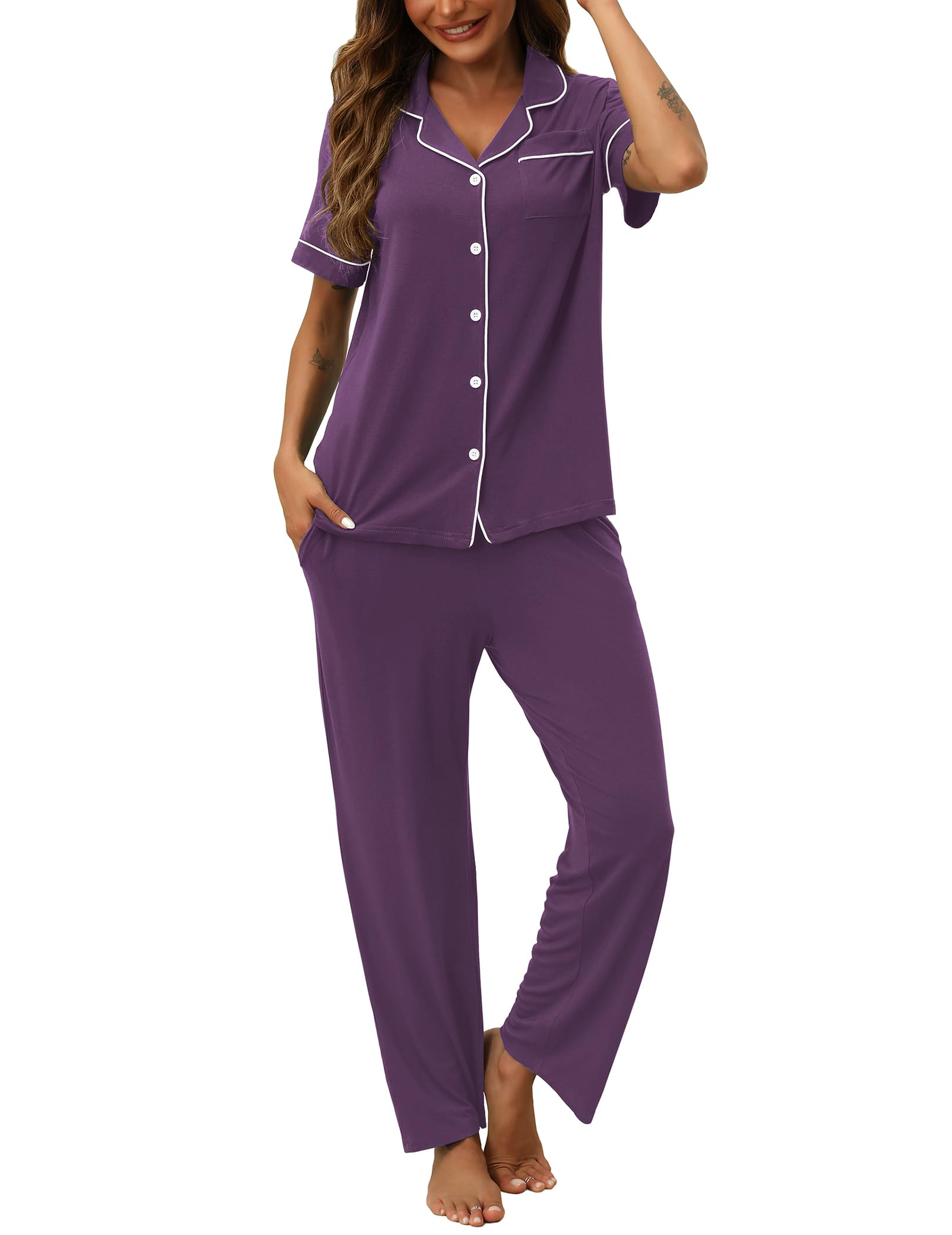 HNG Women Pajamas Set 2 Piece Button Up Pajamas Pant and Short Sleeve Shirt for Woman Pj Sets with Pocket