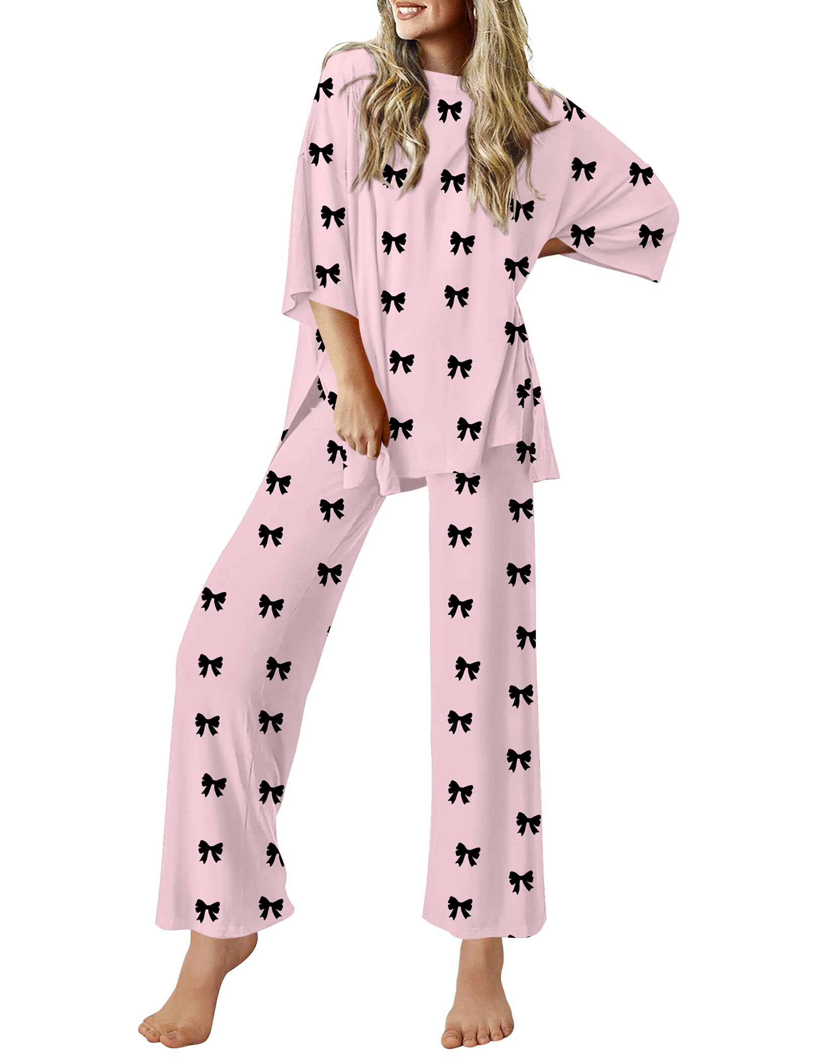 Ekouaer Lounge Sets for Women Short Sleeve Tops and Long Pants Soft Comfy Pajamas Set 2 Piece Outfits