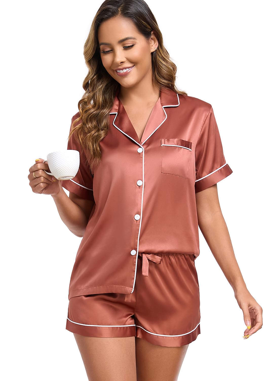 Serenedelicacy Women's Satin Pajama Set 2-Piece Sleepwear Loungewear Button Down Short Sleeve Silky PJ Set WEBE CLOTHING