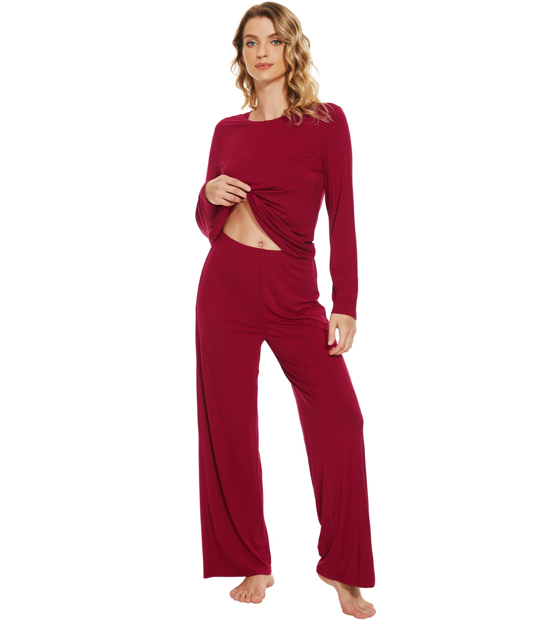 WiWi Bamboo Viscose Pajama Set for Women Super Soft Long Sleeve Top with Pants Loungewear Cooling 2 Piece Pjs Sets S-XXL