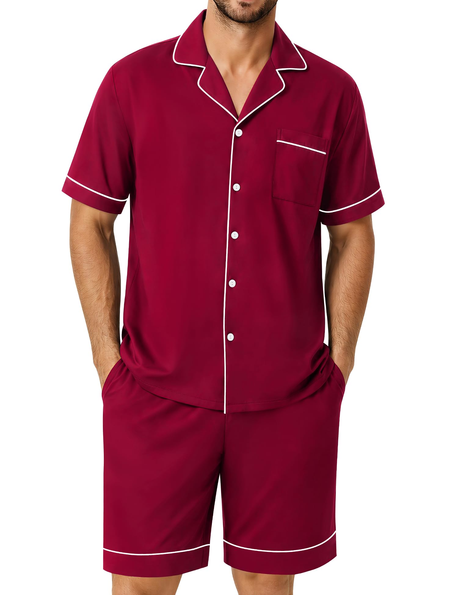 SWOMOG 100% Cotton Mens Pajama Set Short Sleeve Sleepwear Button Down Loungewear 2 PCS Cotton Pjs Set with Pockets WEBE CLOTHING