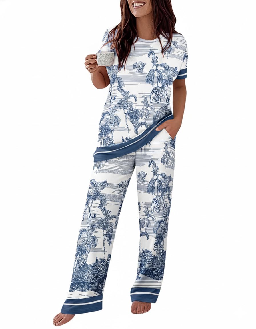 CHICME Womens Pajamas Sets 2 Piece Short Sleeve Lounge Set Printed Loose Pants Pj Sets Loungewear Set