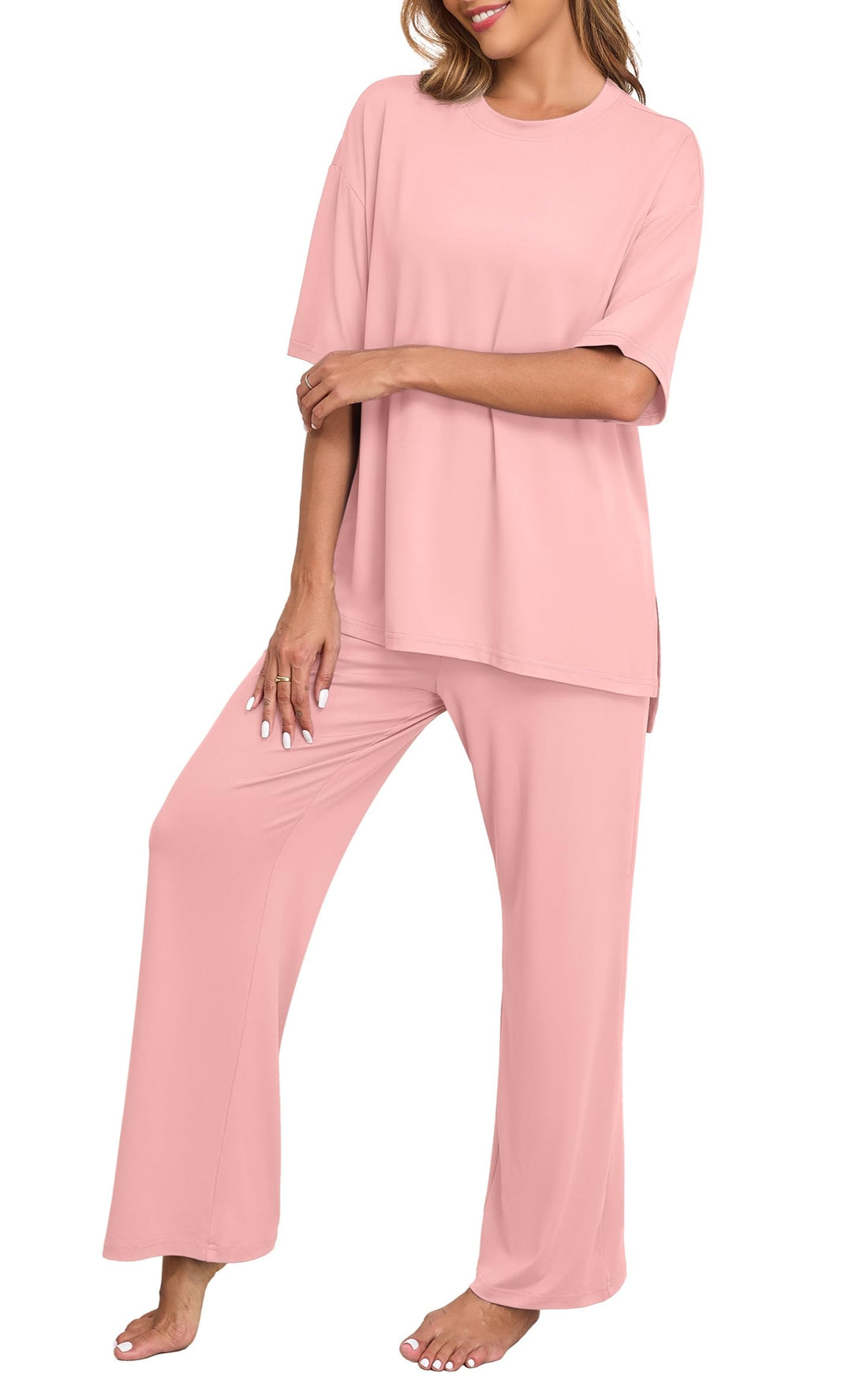 PrinStory Womens Pajamas Sets 2 Piece Lounge Set Short Sleeve Tops and Long Pants Soft Pjs Loungewear with Pockets