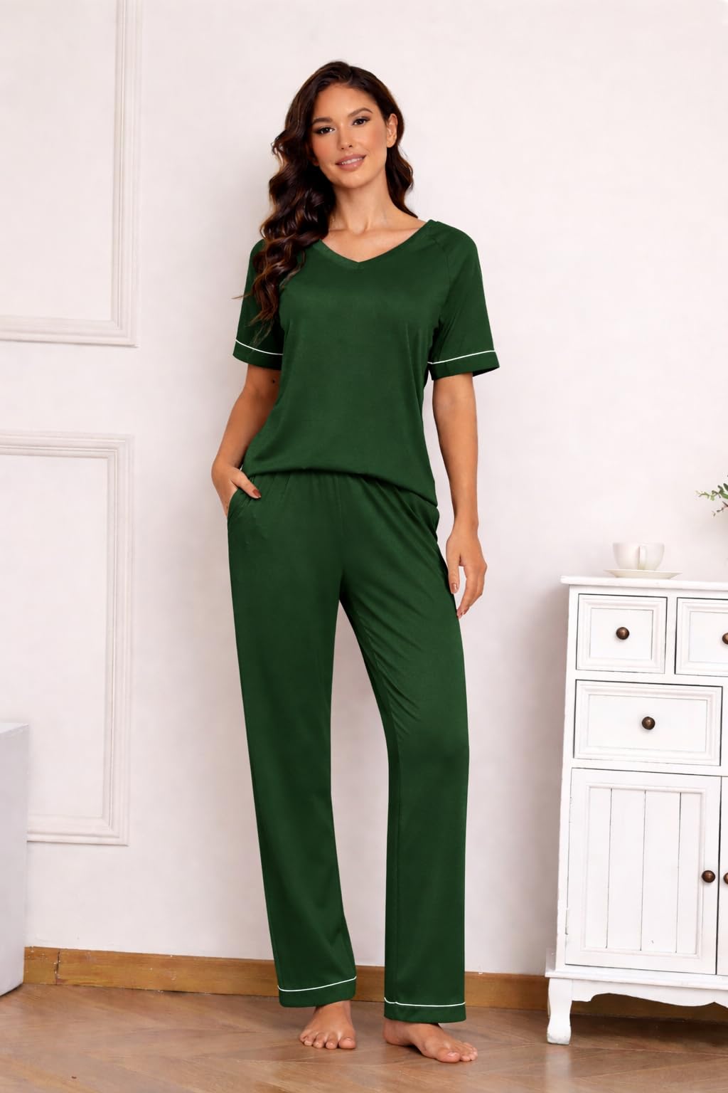 Ekouaer Womens Pajama Set Short Sleeve Pajamas Top and Pants V Neck Pjs Set Soft Loungewear with Pockets