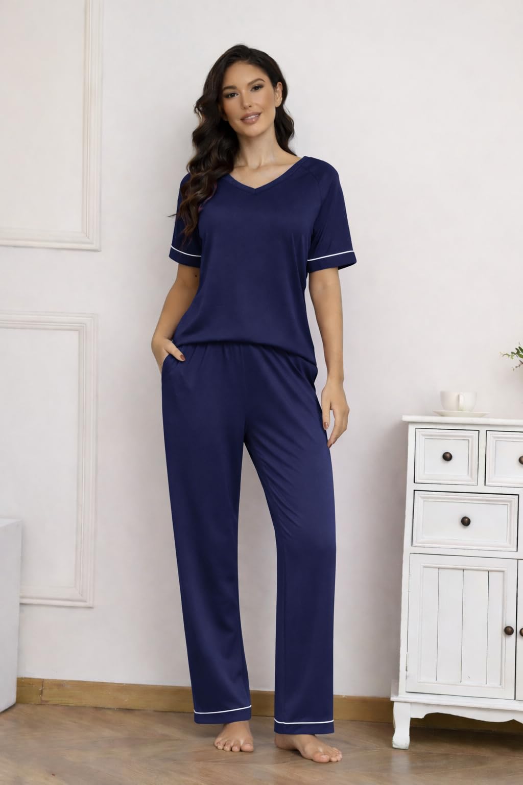 Ekouaer Womens Pajama Set Short Sleeve Pajamas Top and Pants V Neck Pjs Set Soft Loungewear with Pockets