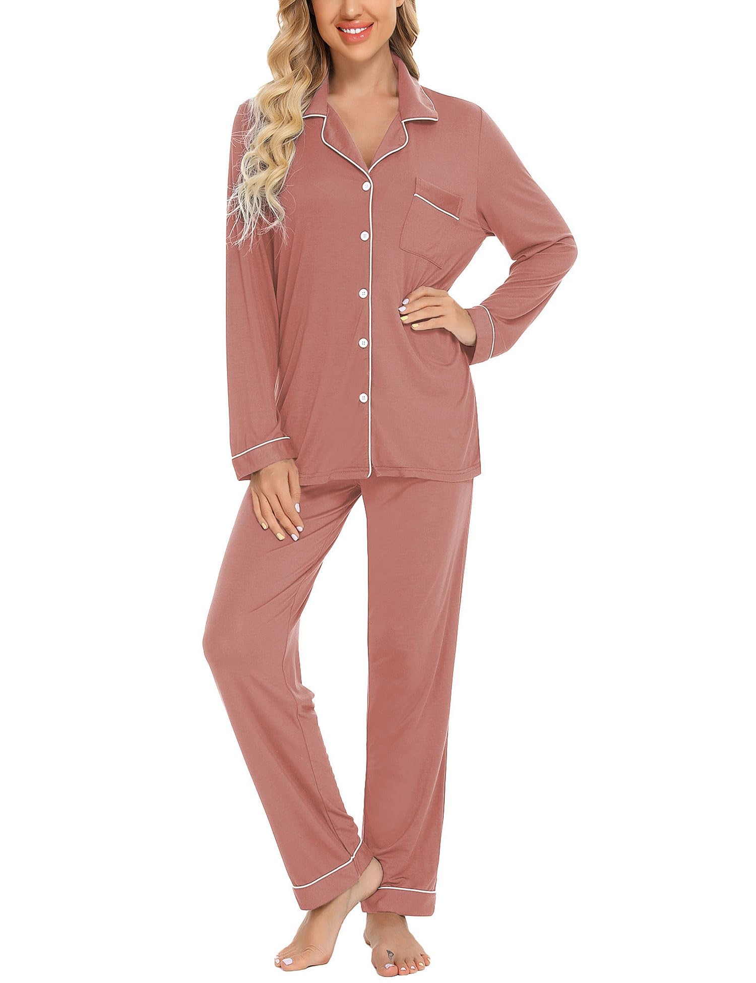 Samring Pajamas Women's Long Sleeve Sleepwear Button Down Pj Sets Soft Loungewear Pajama Set for Women S-XXL