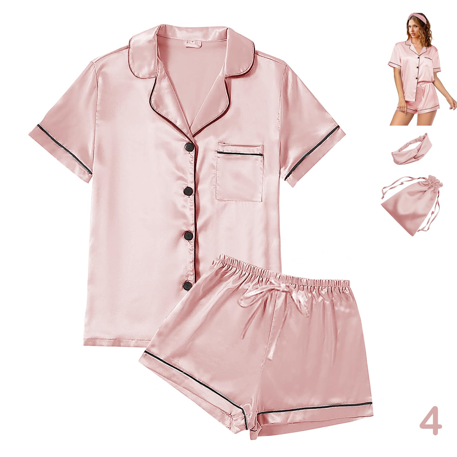 WJing Yi Jia 4Pcs Womens Satin Silky Pajama Sets Short Sleeve Shirt XS-4XL Floral Pajamas Set Soft PJ Loungewear Sleepwear