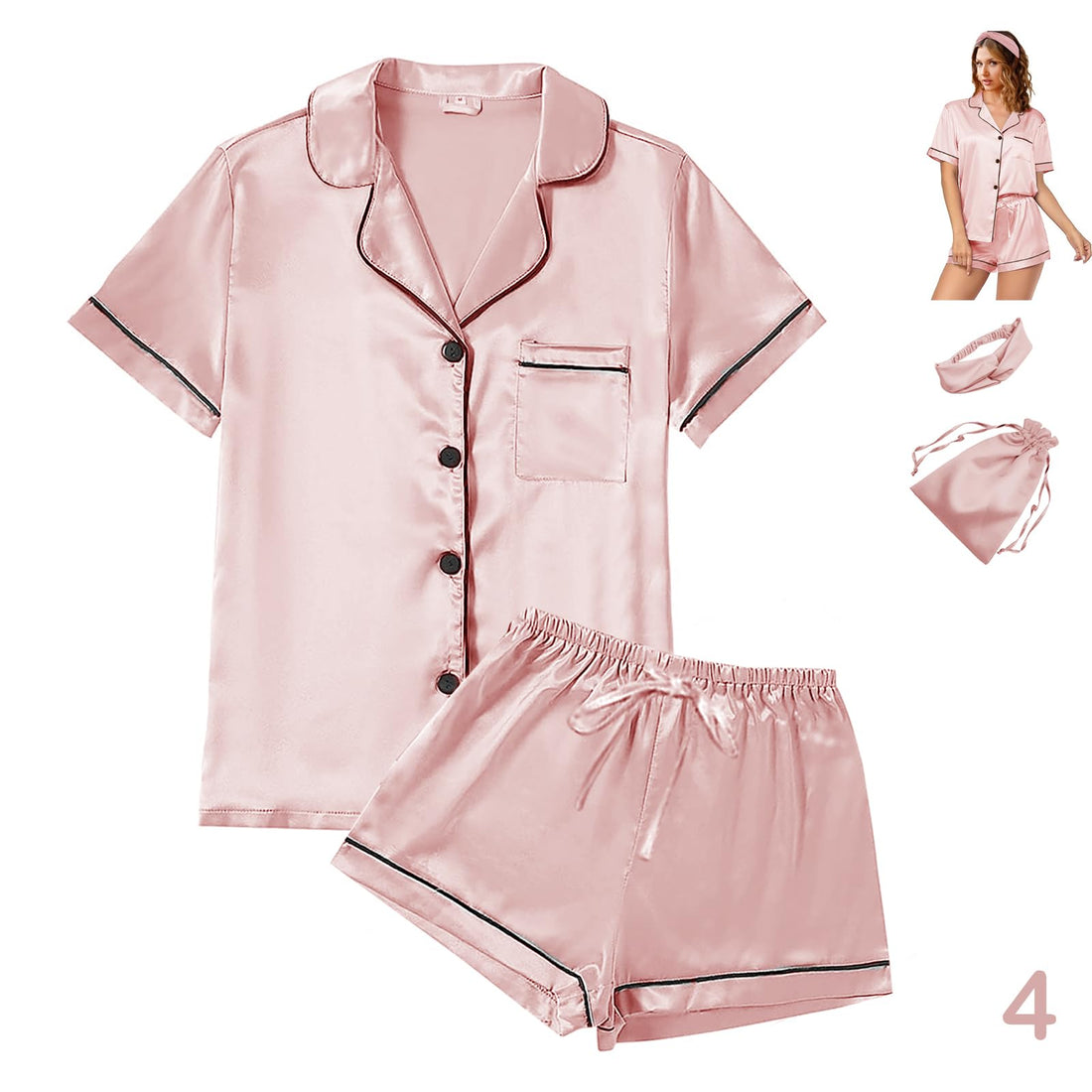 WJing Yi Jia 4Pcs Womens Satin Silky Pajama Sets Short Sleeve Shirt XS-4XL Floral Pajamas Set Soft PJ Loungewear Sleepwear