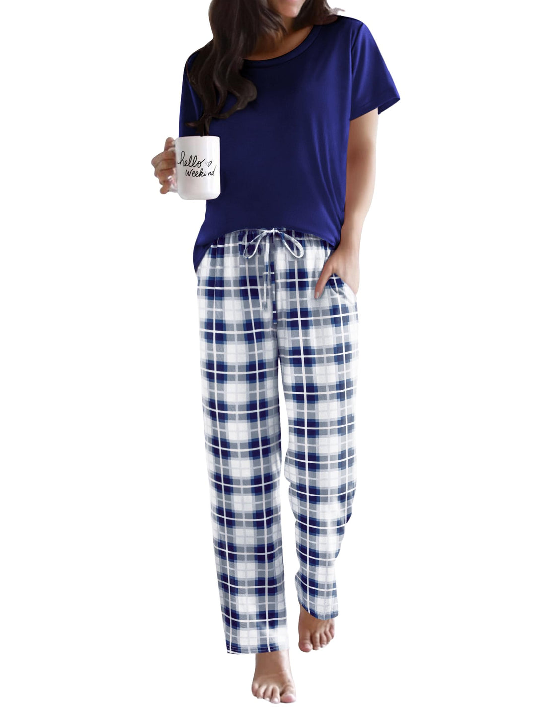 Ekouaer Pajama Sets for Women Round Neck Pjs Short Sleeve Sleepwear with Long Pants Loose Lounge Sets