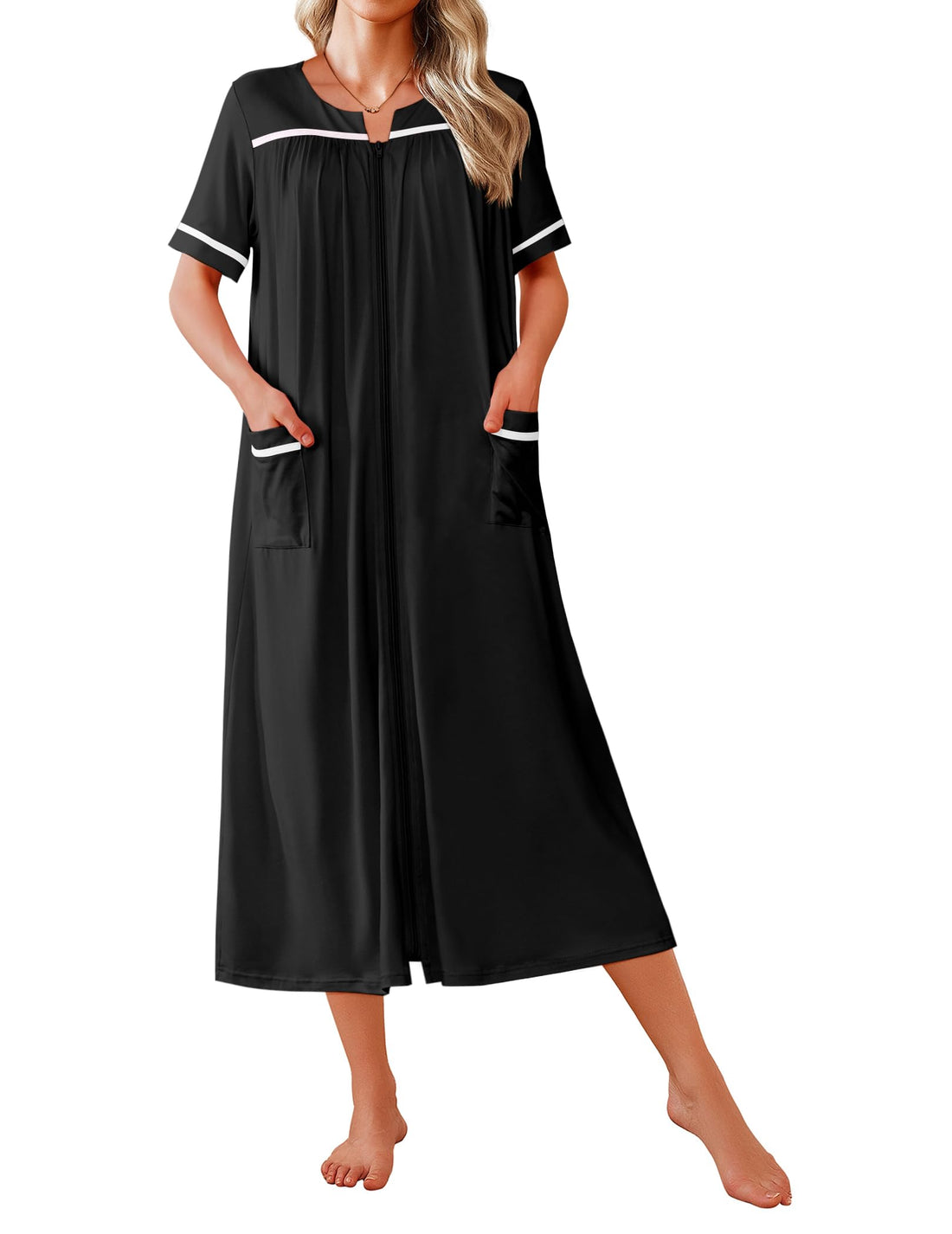 Ekouaer Zipper Robes for Women Short Sleeve Bathrobe Soft Lightweight Housecoat Full Length Nightgown with Pockets S-3XL WEBE CLOTHING