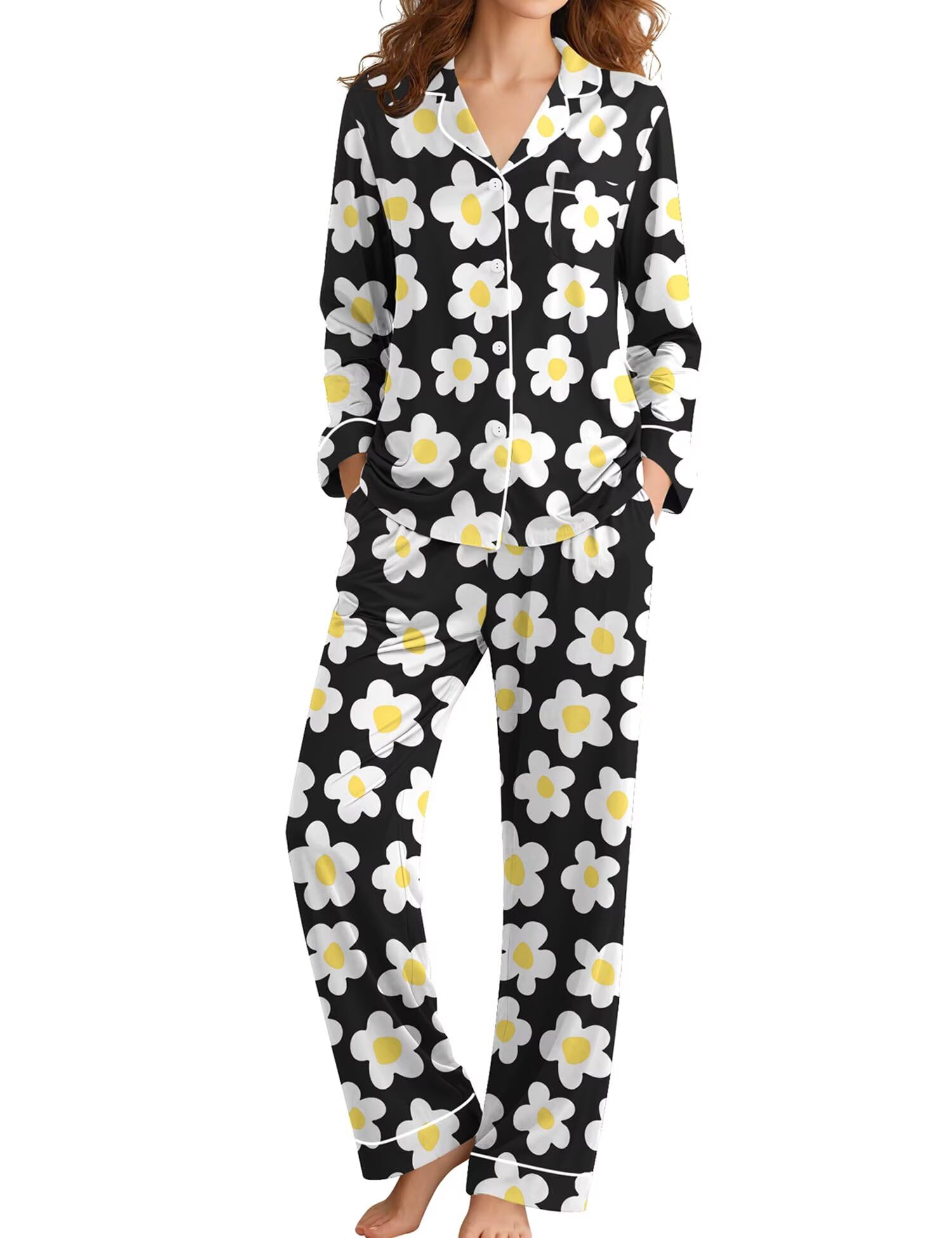 SWOMOG Womens Pajamas Set Long Sleeve Sleepwear Button Down Nightwear Soft Cotton Pj Lounge Sets