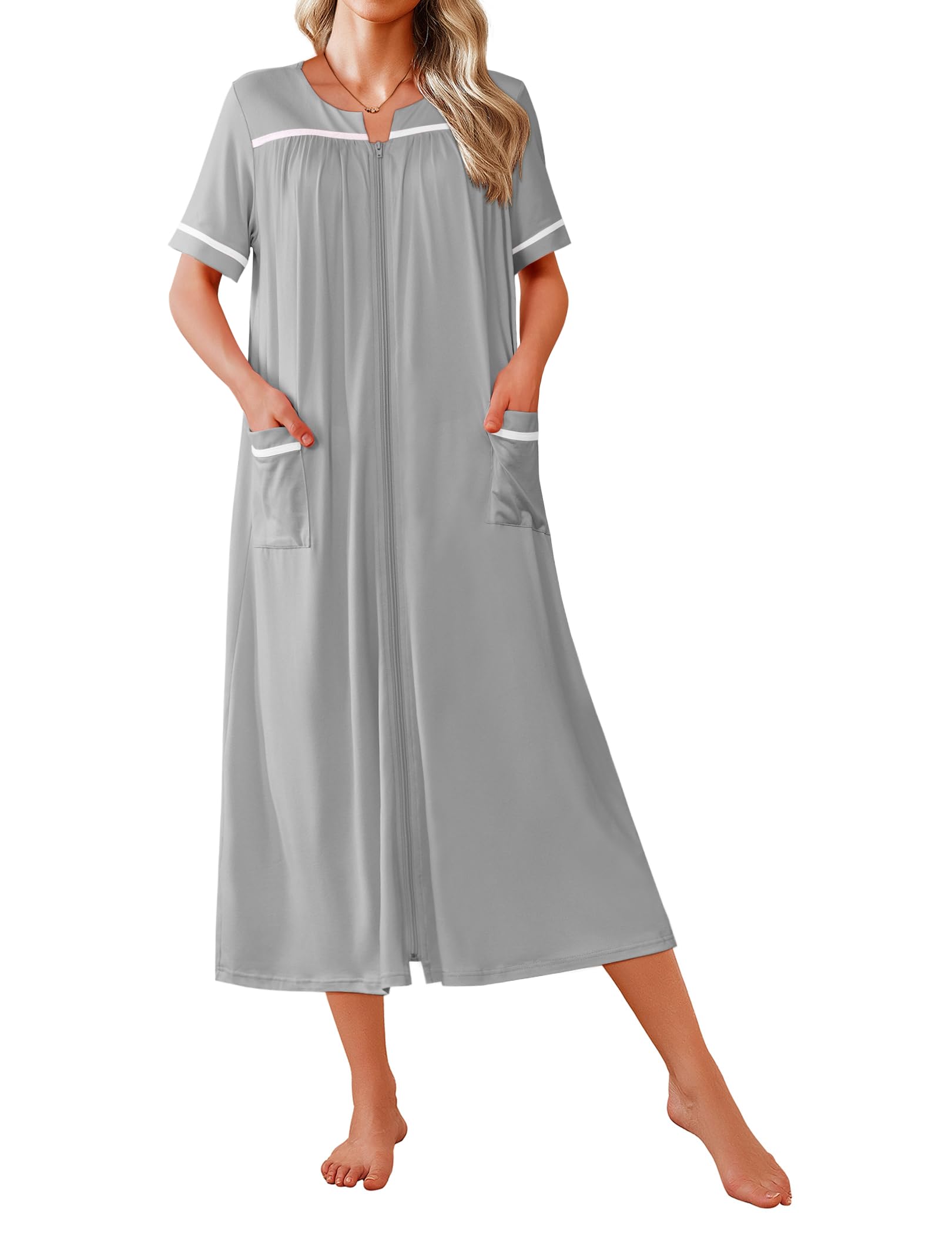 Ekouaer Zipper Robes for Women Short Sleeve Bathrobe Soft Lightweight Housecoat Full Length Nightgown with Pockets S-3XL WEBE CLOTHING