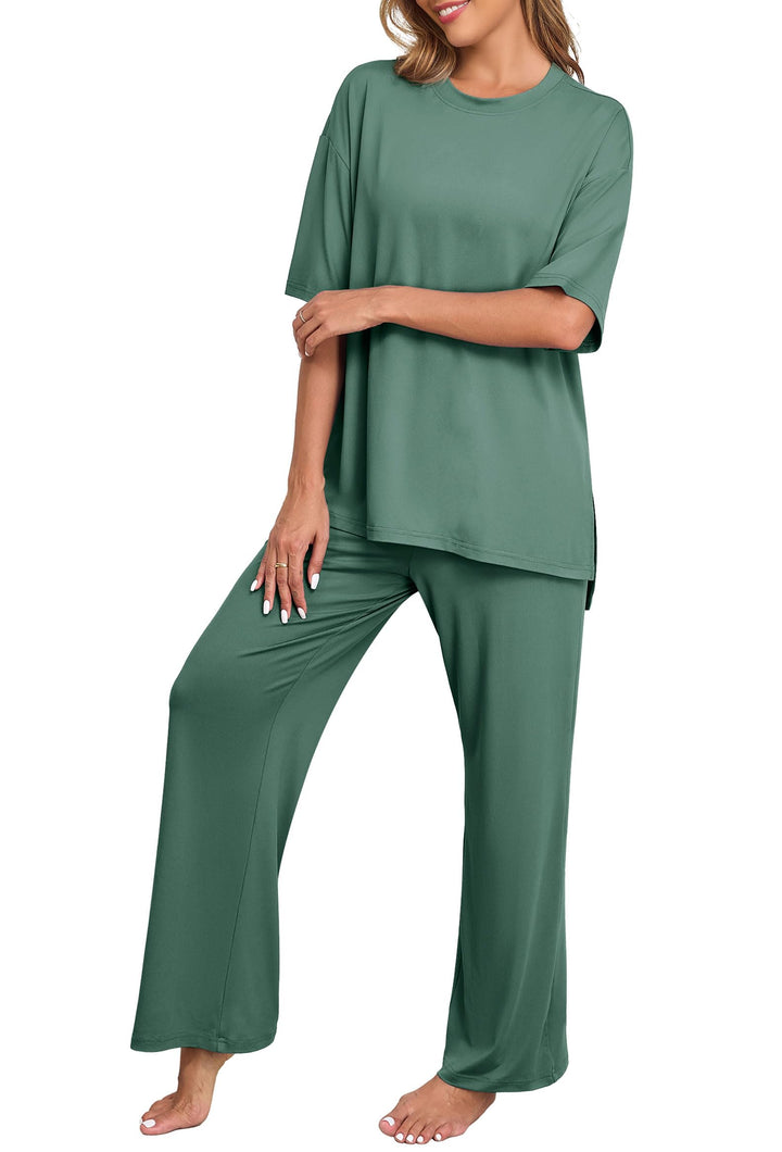 PrinStory Womens Pajamas Sets 2 Piece Lounge Set Short Sleeve Tops and Long Pants Soft Pjs Loungewear with Pockets